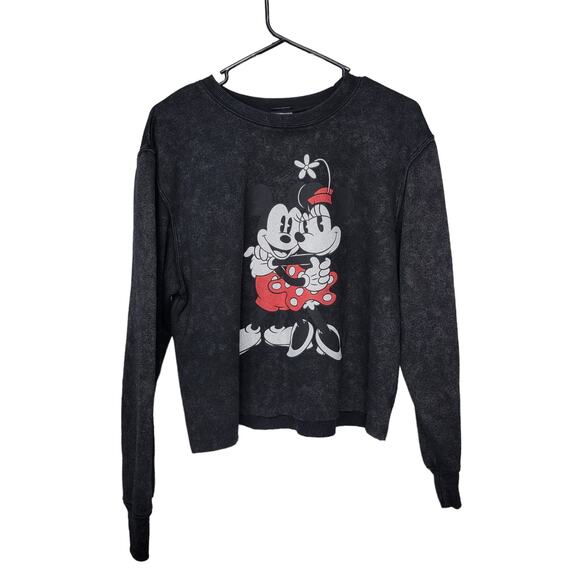 Disney Mickey And Minnie Black Crop Raw Hem Crewneck Sweatshirt L - Picture 5 of 7